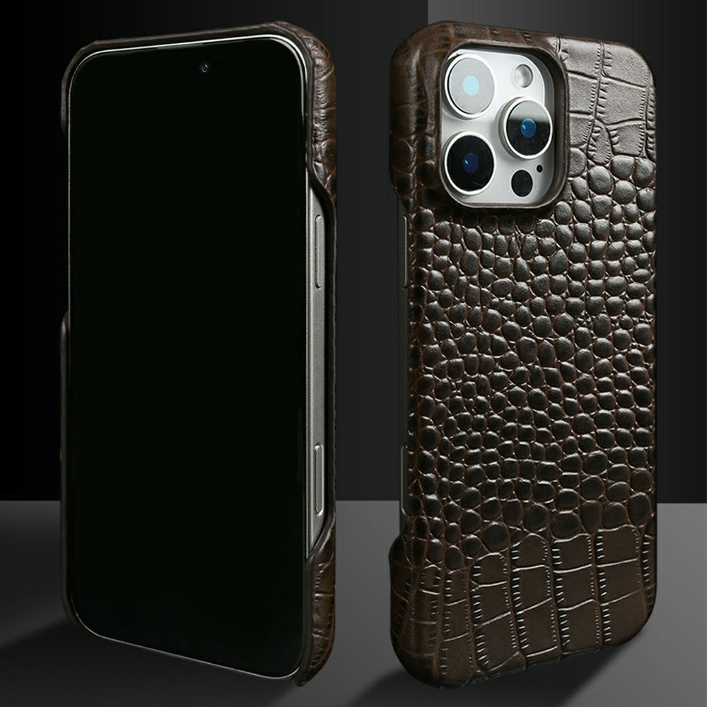 For iPhone 16 Pro Max Case Crocodile Texture Genuine Cow Leather Coated PC Phone Cover Compatible with MagSafe