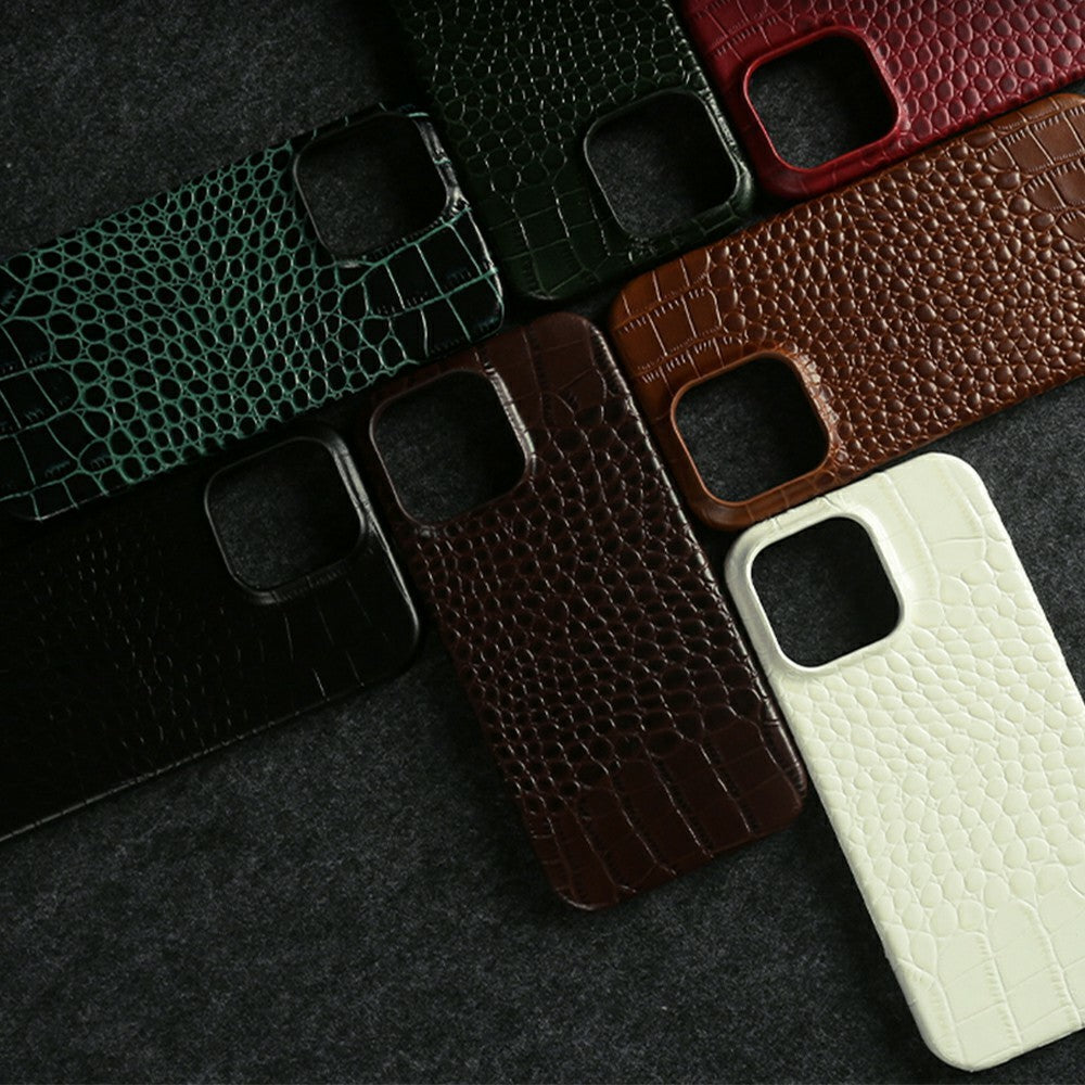 For iPhone 16 Pro Max Case Crocodile Texture Genuine Cow Leather Coated PC Phone Cover Compatible with MagSafe
