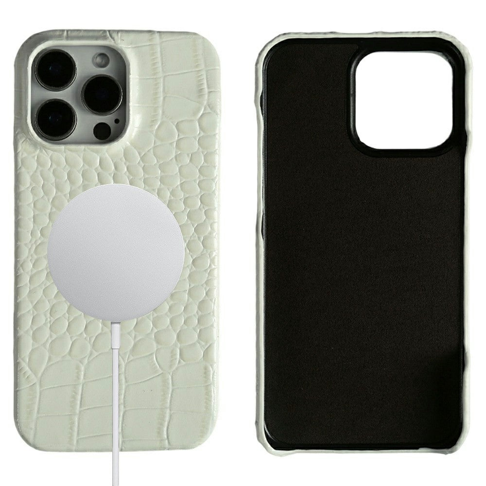 For iPhone 16 Pro Max Case Crocodile Texture Genuine Cow Leather Coated PC Phone Cover Compatible with MagSafe