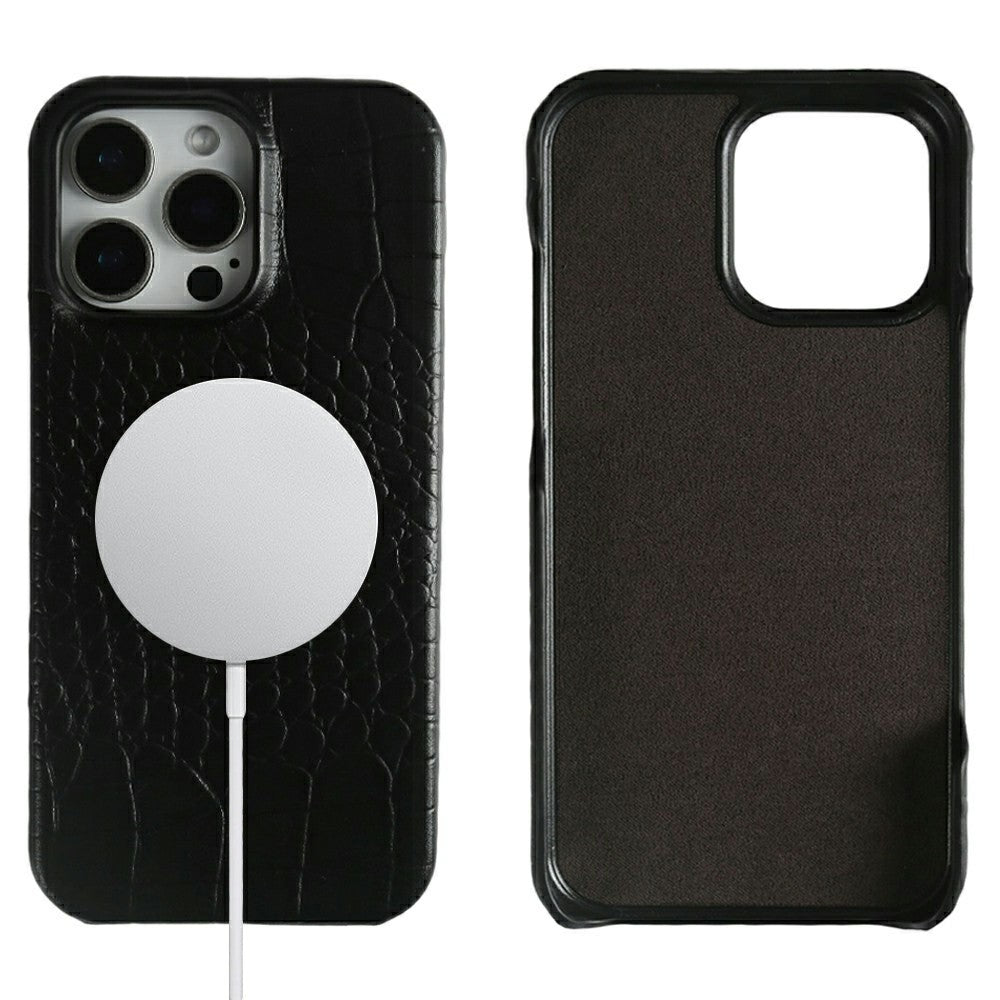 For iPhone 16 Pro Max Case Crocodile Texture Genuine Cow Leather Coated PC Phone Cover Compatible with MagSafe