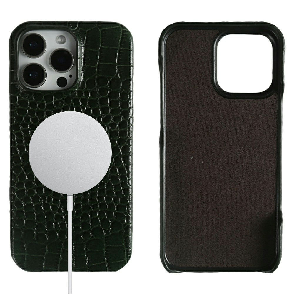 Funda para iPhone 16 Pro Max con textura de cocodrilo, fabricada en piel de vacuno auténtica recubierta de policarbonato, compatible con MagSafe.