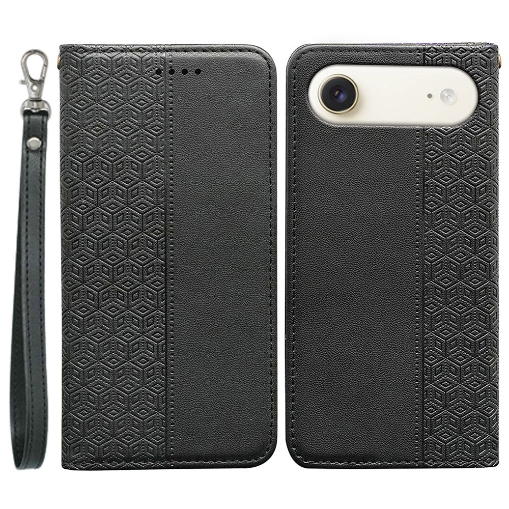 For iPhone Air Wallet Phone Case Checkered Pattern Imprint Leather Flip Cover with Wrist Strap