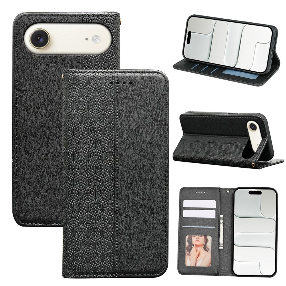 For iPhone Air Wallet Phone Case Checkered Pattern Imprint Leather Flip Cover with Wrist Strap
