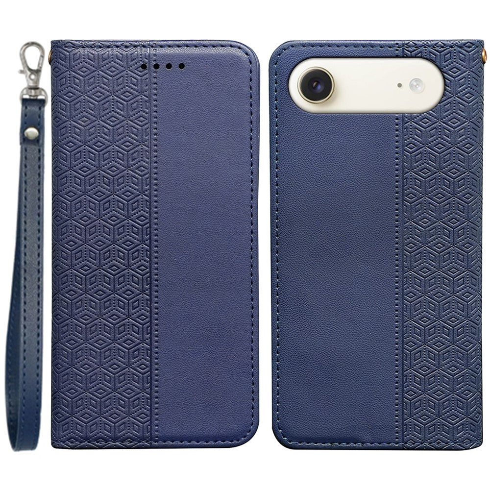 For iPhone Air Wallet Phone Case Checkered Pattern Imprint Leather Flip Cover with Wrist Strap