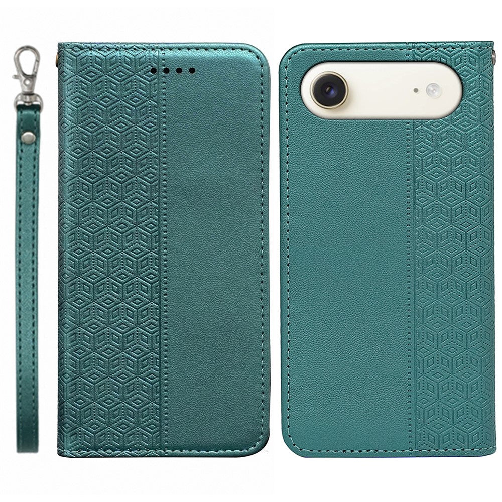 For iPhone Air Wallet Phone Case Checkered Pattern Imprint Leather Flip Cover with Wrist Strap