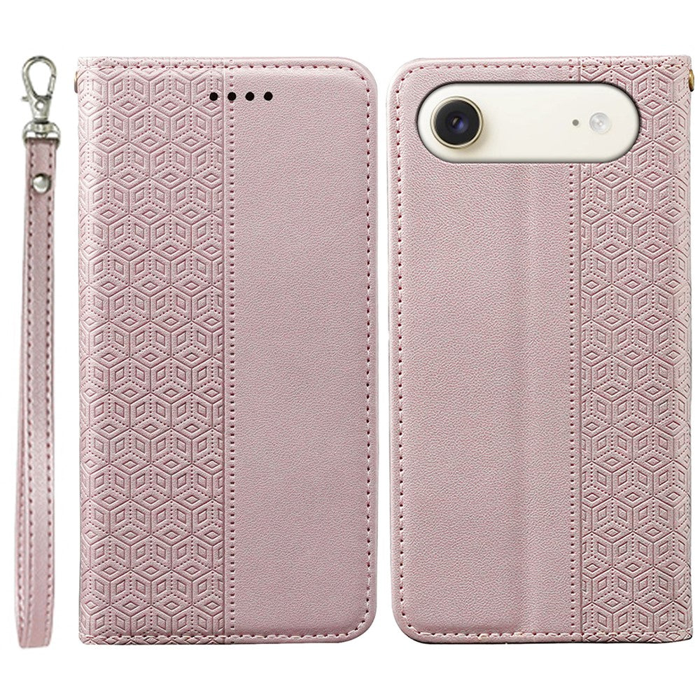 For iPhone Air Wallet Phone Case Checkered Pattern Imprint Leather Flip Cover with Wrist Strap