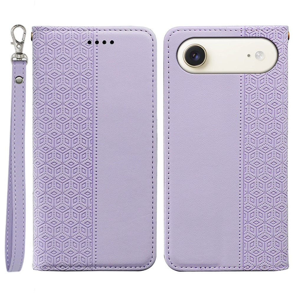 For iPhone Air Wallet Phone Case Checkered Pattern Imprint Leather Flip Cover with Wrist Strap