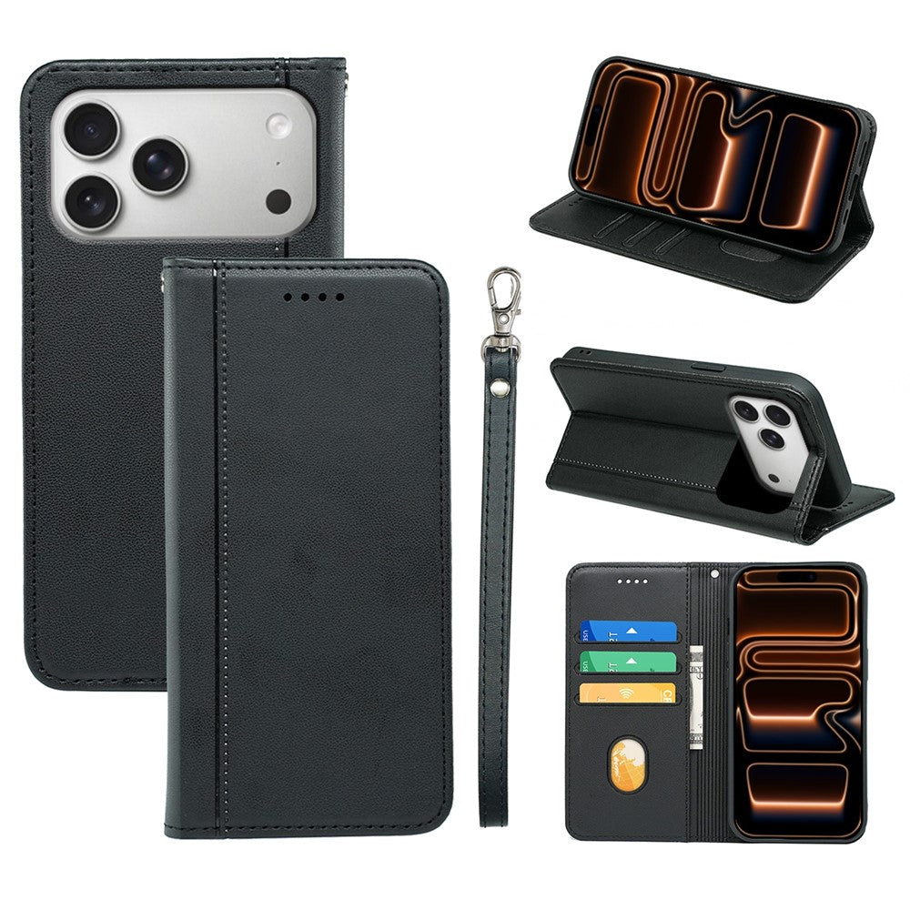 For iPhone 17 Pro Wallet Case Magnetic Closing PU Leather Phone Cover with Wrist Strap