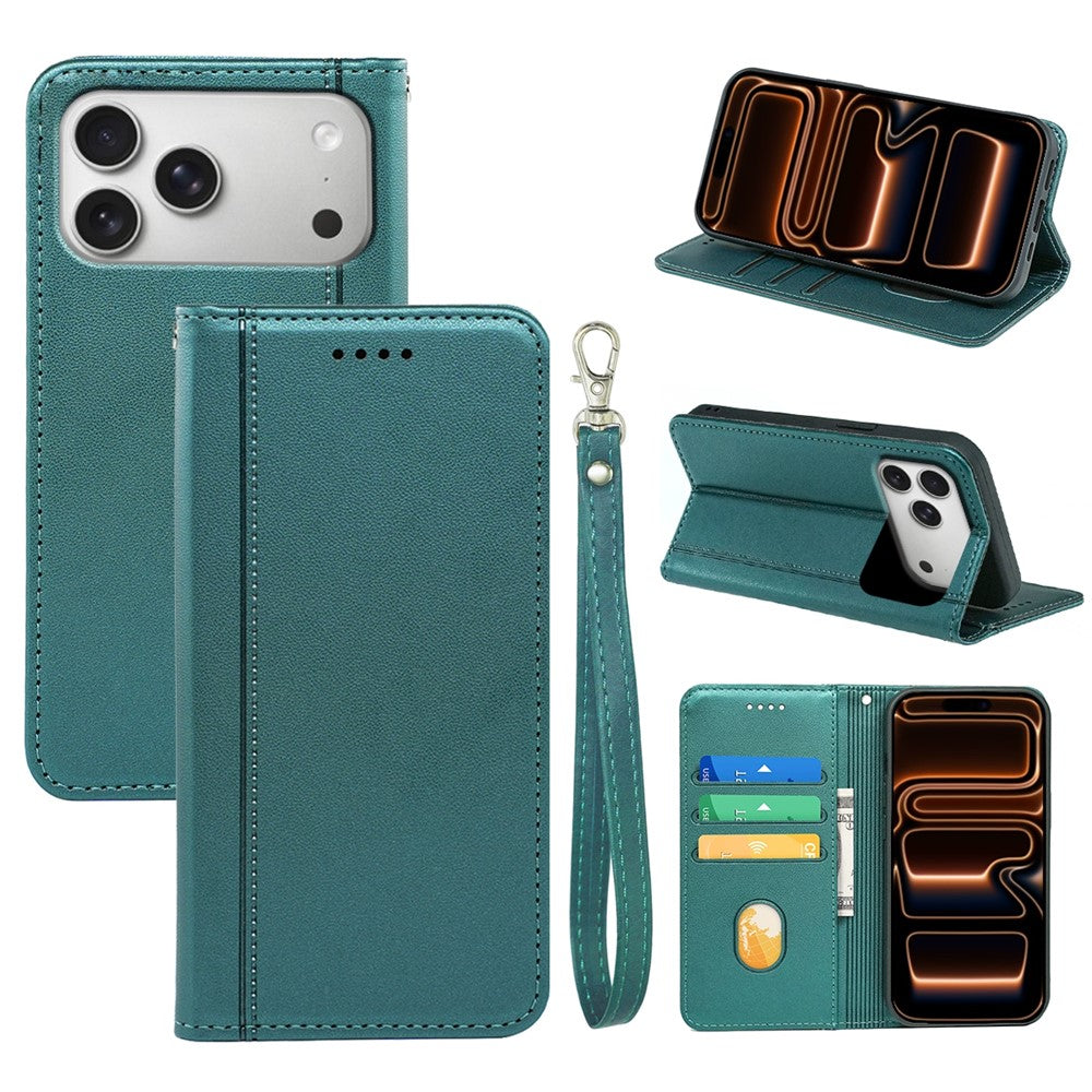 For iPhone 17 Pro Wallet Case Magnetic Closing PU Leather Phone Cover with Wrist Strap