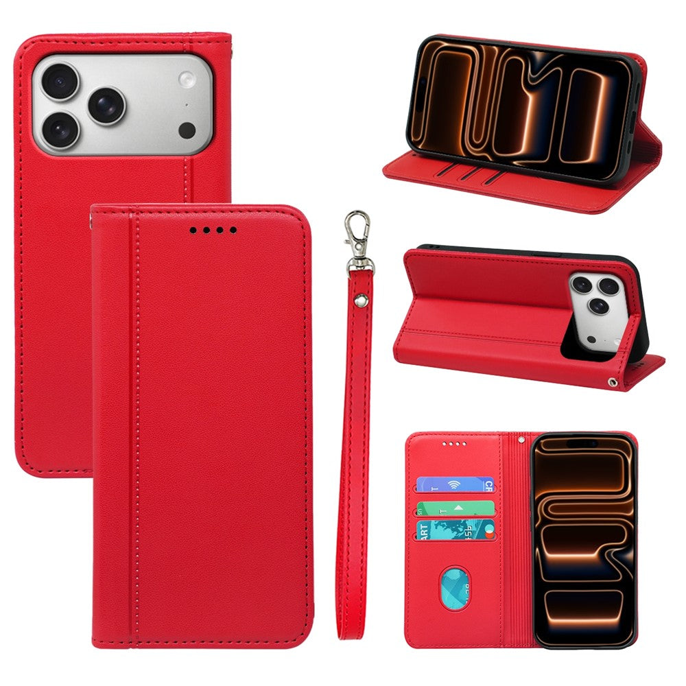 For iPhone 17 Pro Wallet Case Magnetic Closing PU Leather Phone Cover with Wrist Strap