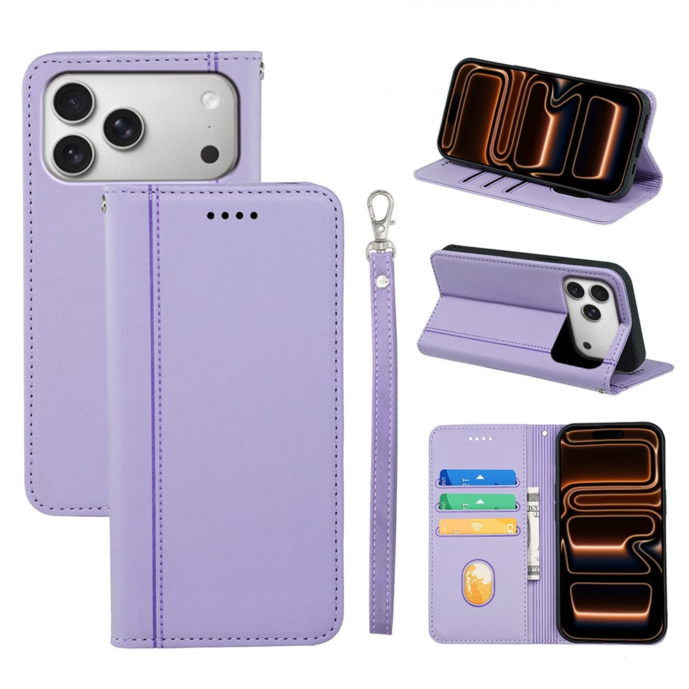 For iPhone 17 Pro Wallet Case Magnetic Closing PU Leather Phone Cover with Wrist Strap