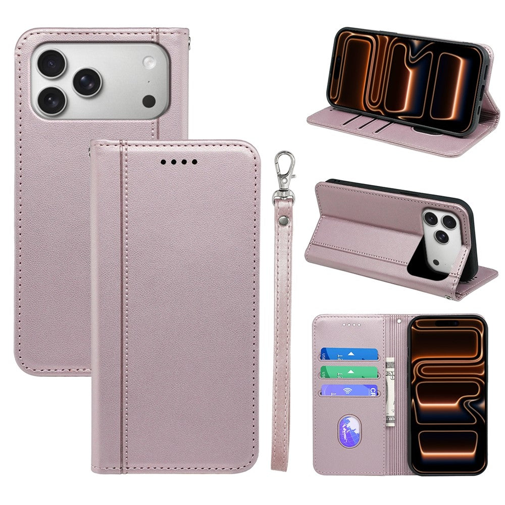 For iPhone 17 Pro Wallet Case Magnetic Closing PU Leather Phone Cover with Wrist Strap