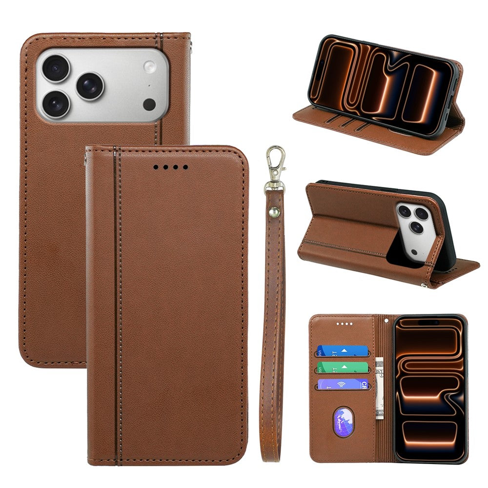 For iPhone 17 Pro Wallet Case Magnetic Closing PU Leather Phone Cover with Wrist Strap