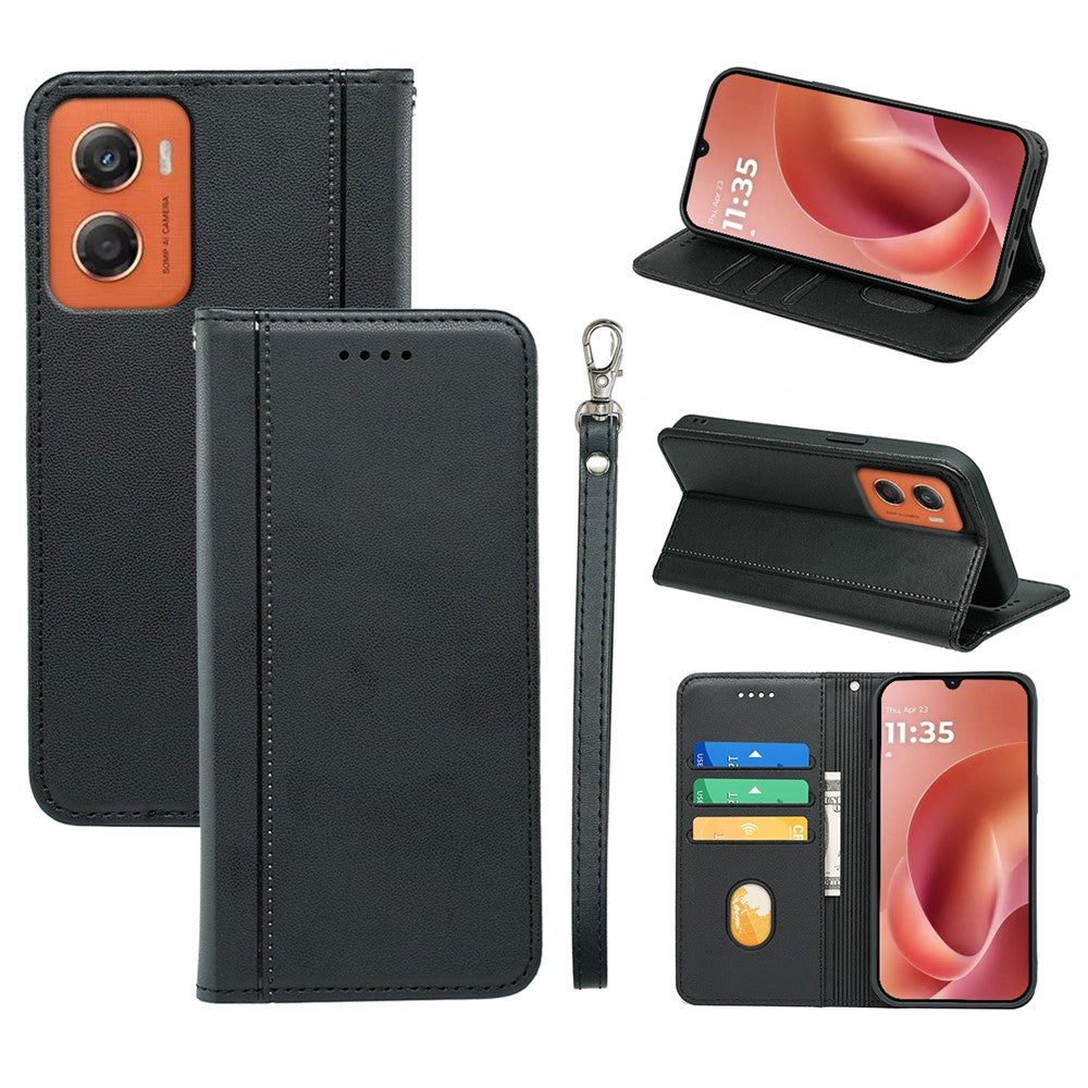 For Motorola Moto G06 4G Wallet Case Magnetic Closing PU Leather Phone Cover with Wrist Strap