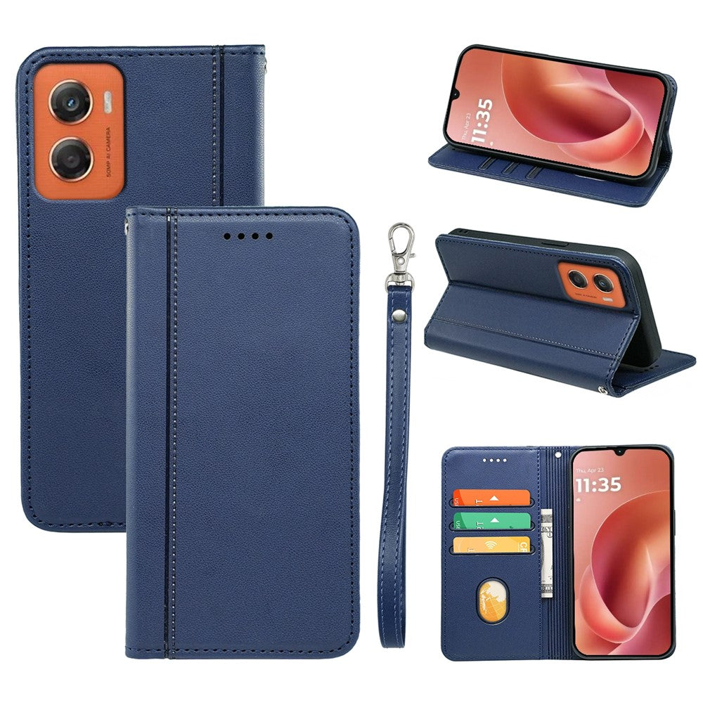 For Motorola Moto G06 4G Wallet Case Magnetic Closing PU Leather Phone Cover with Wrist Strap