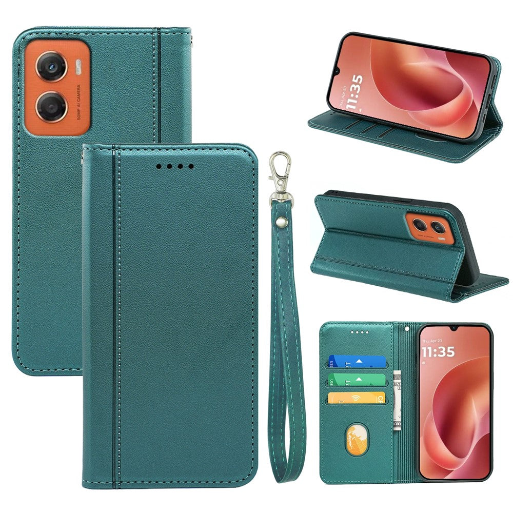 For Motorola Moto G06 4G Wallet Case Magnetic Closing PU Leather Phone Cover with Wrist Strap