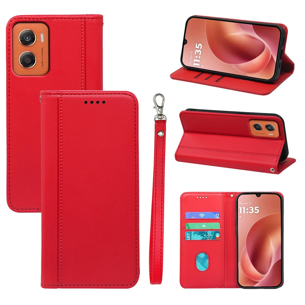 For Motorola Moto G06 4G Wallet Case Magnetic Closing PU Leather Phone Cover with Wrist Strap