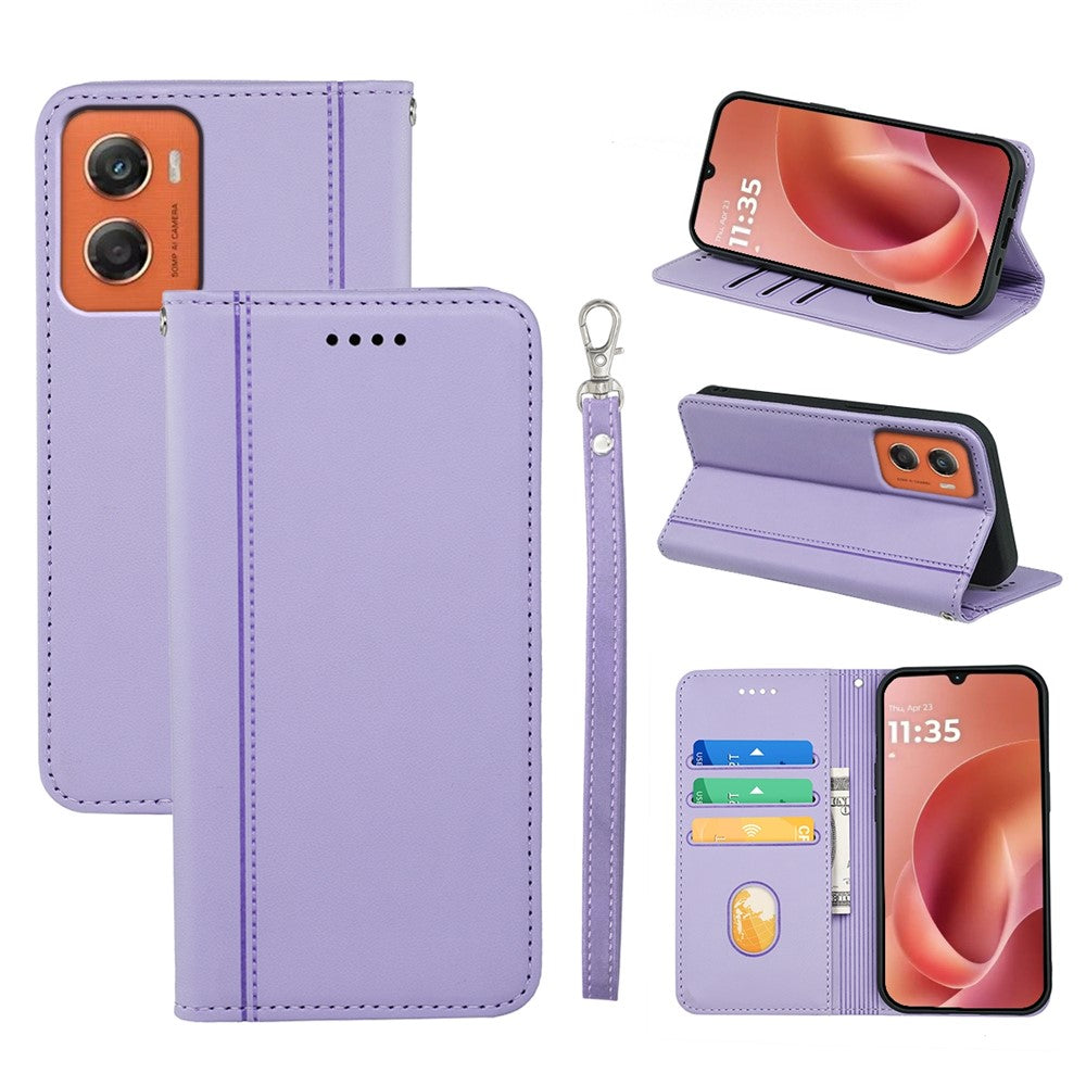 For Motorola Moto G06 4G Wallet Case Magnetic Closing PU Leather Phone Cover with Wrist Strap