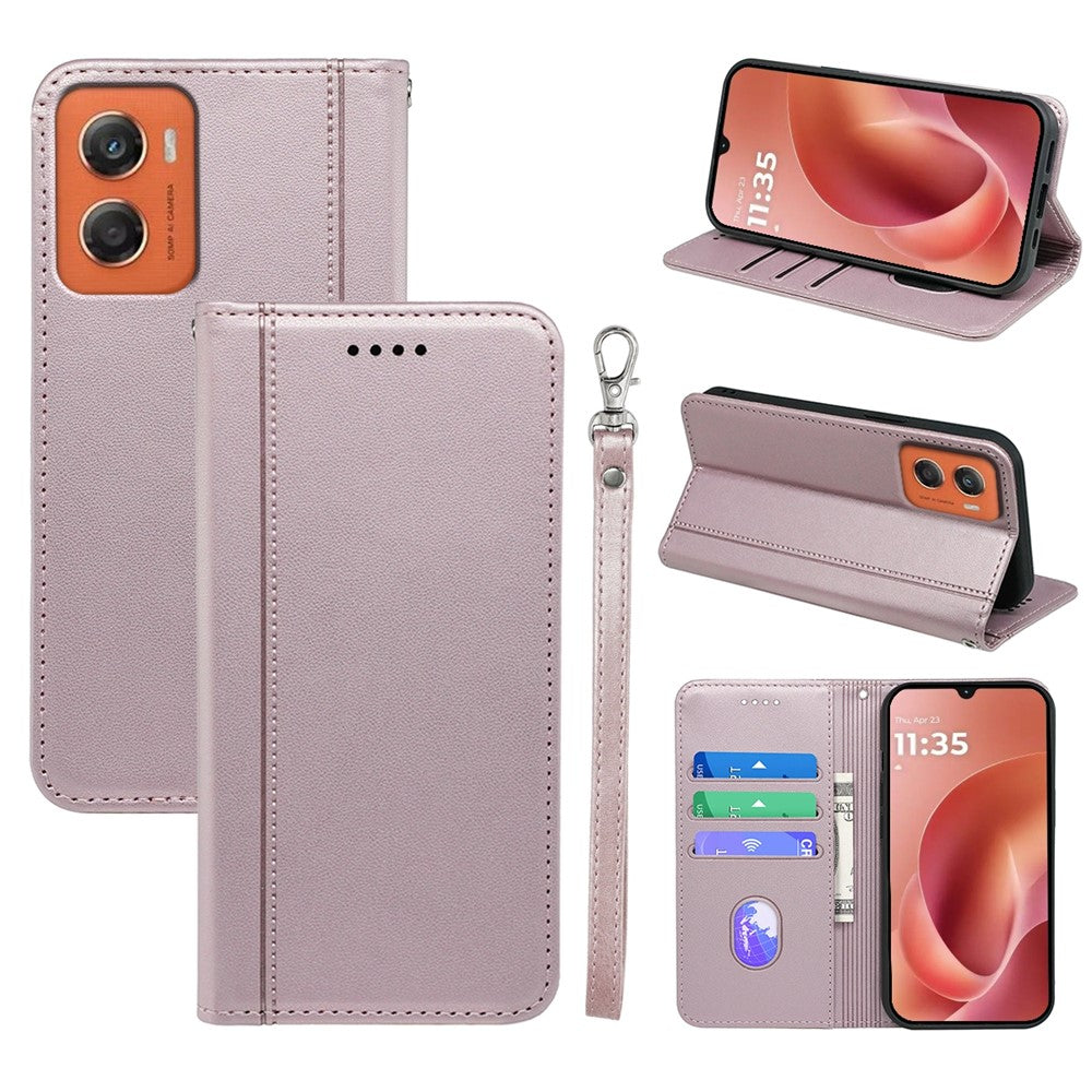 For Motorola Moto G06 4G Wallet Case Magnetic Closing PU Leather Phone Cover with Wrist Strap