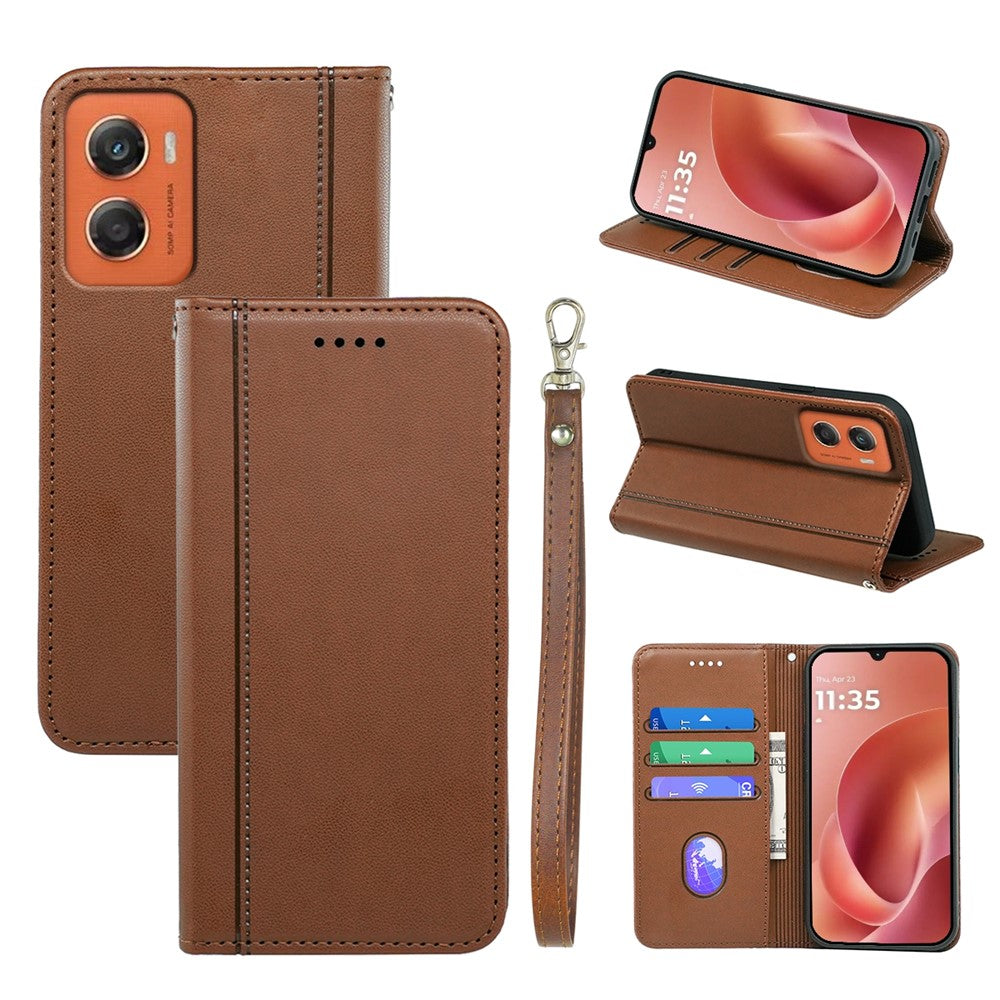For Motorola Moto G06 4G Wallet Case Magnetic Closing PU Leather Phone Cover with Wrist Strap