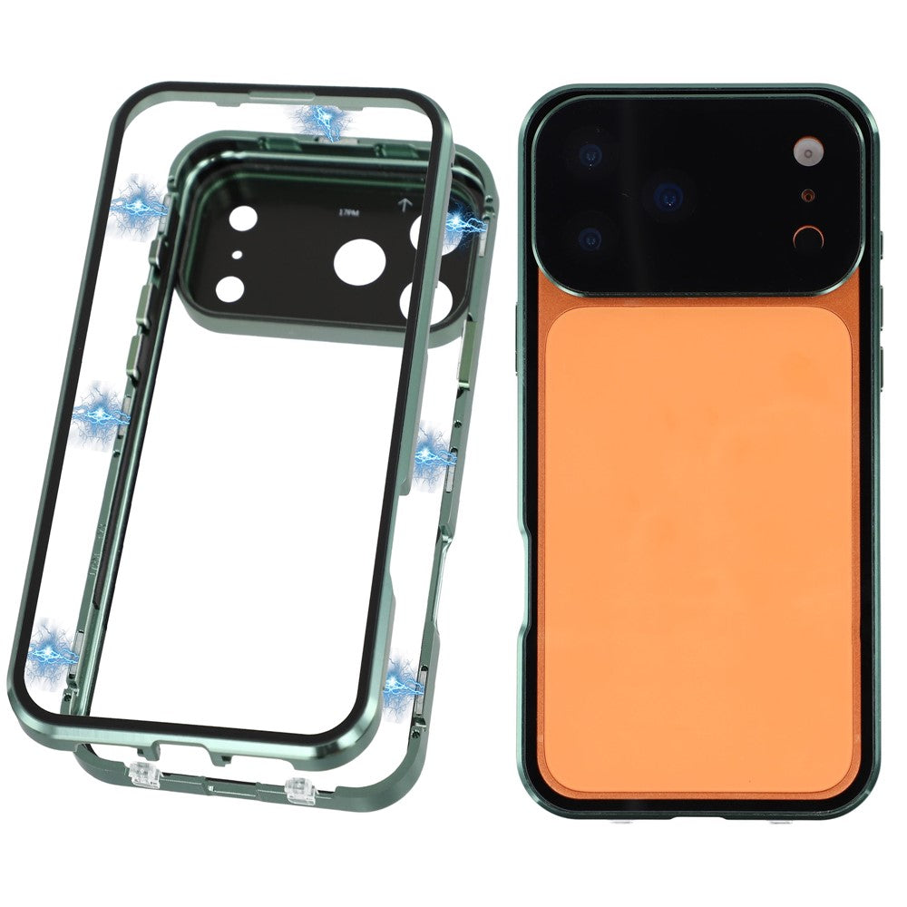 Coque pour iPhone 17 Pro ultra transparente en verre trempé double face + cadre magnétique en métal