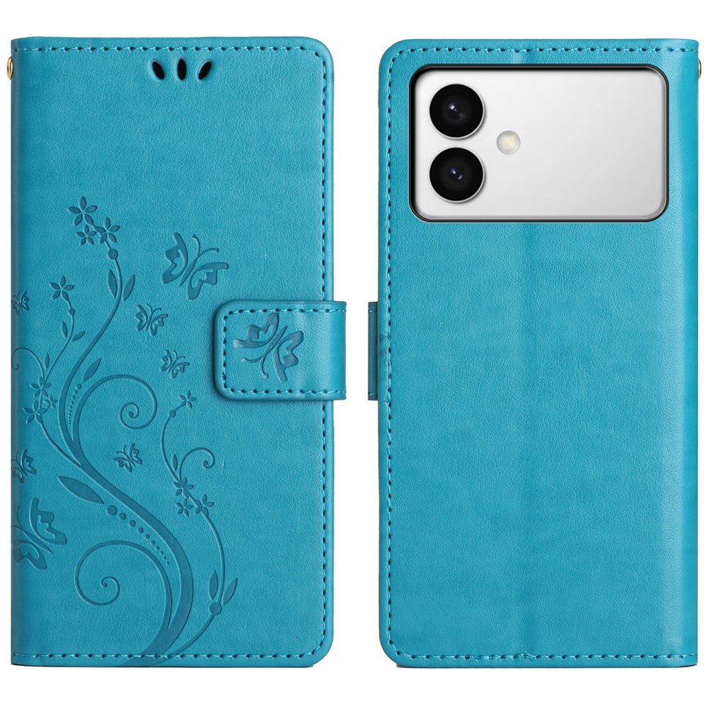 For Samsung Galaxy S26 Edge Leather Wallet Case Butterfly Flower Imprinted Phone Cover with Strap