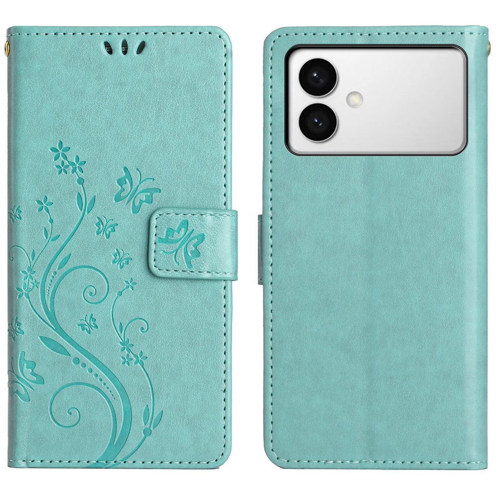 For Samsung Galaxy S26 Edge Leather Wallet Case Butterfly Flower Imprinted Phone Cover with Strap
