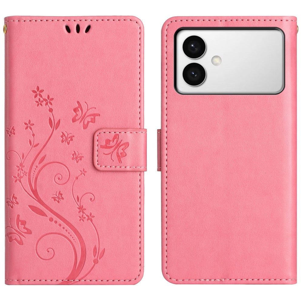 For Samsung Galaxy S26 Edge Leather Wallet Case Butterfly Flower Imprinted Phone Cover with Strap