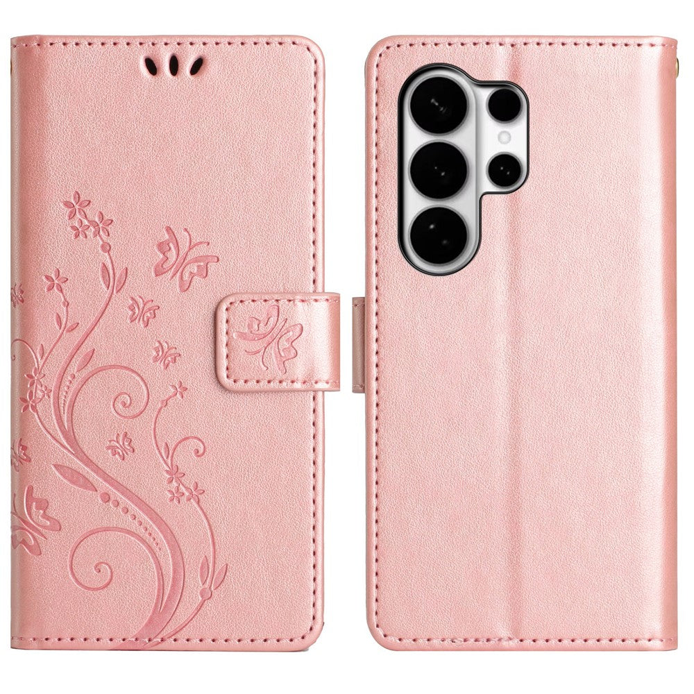 For Samsung Galaxy S26 Ultra Leather Wallet Case Butterfly Flower Imprinted Phone Cover with Strap