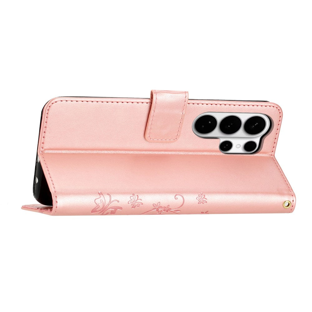 For Samsung Galaxy S26 Ultra Leather Wallet Case Butterfly Flower Imprinted Phone Cover with Strap