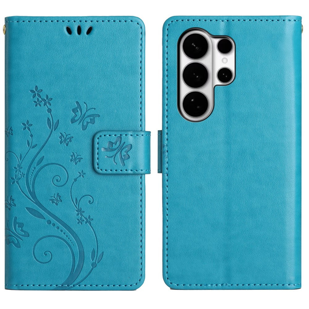 For Samsung Galaxy S26 Ultra Leather Wallet Case Butterfly Flower Imprinted Phone Cover with Strap