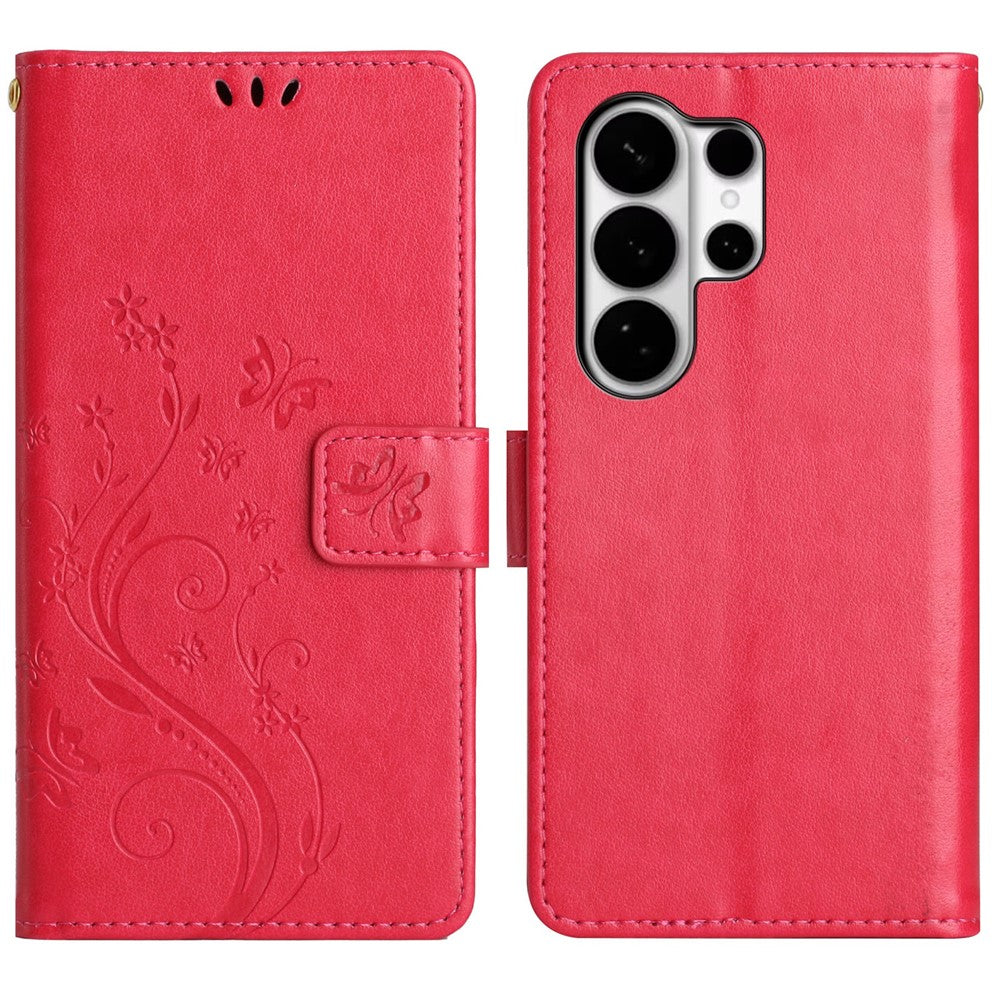 For Samsung Galaxy S26 Ultra Leather Wallet Case Butterfly Flower Imprinted Phone Cover with Strap