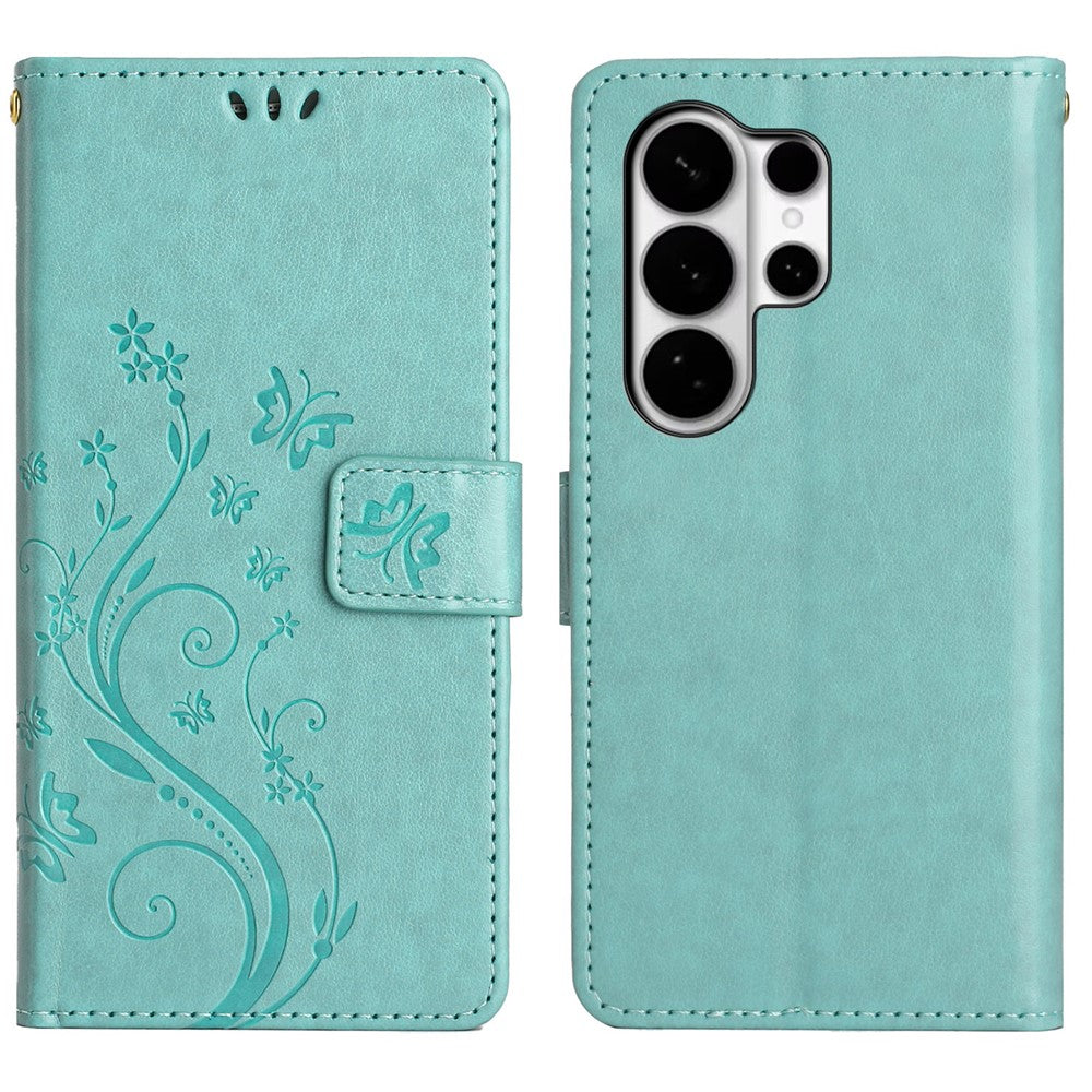 For Samsung Galaxy S26 Ultra Leather Wallet Case Butterfly Flower Imprinted Phone Cover with Strap