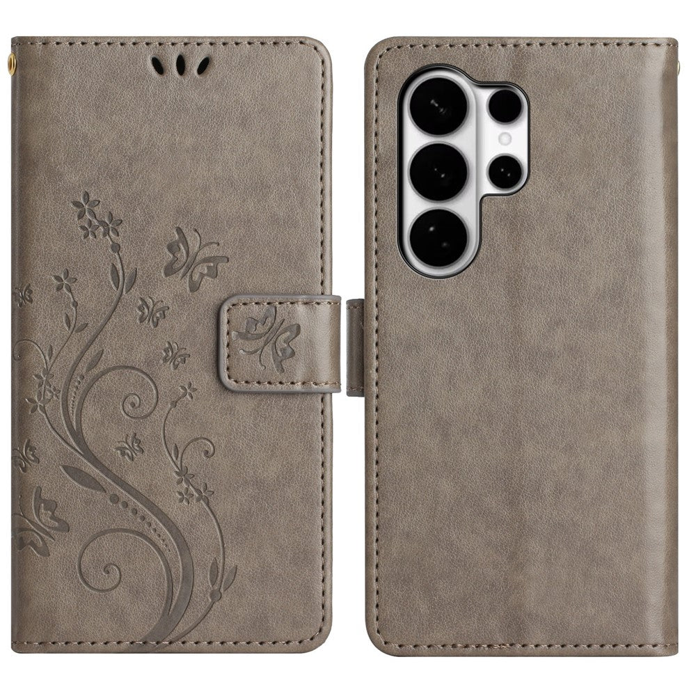 For Samsung Galaxy S26 Ultra Leather Wallet Case Butterfly Flower Imprinted Phone Cover with Strap