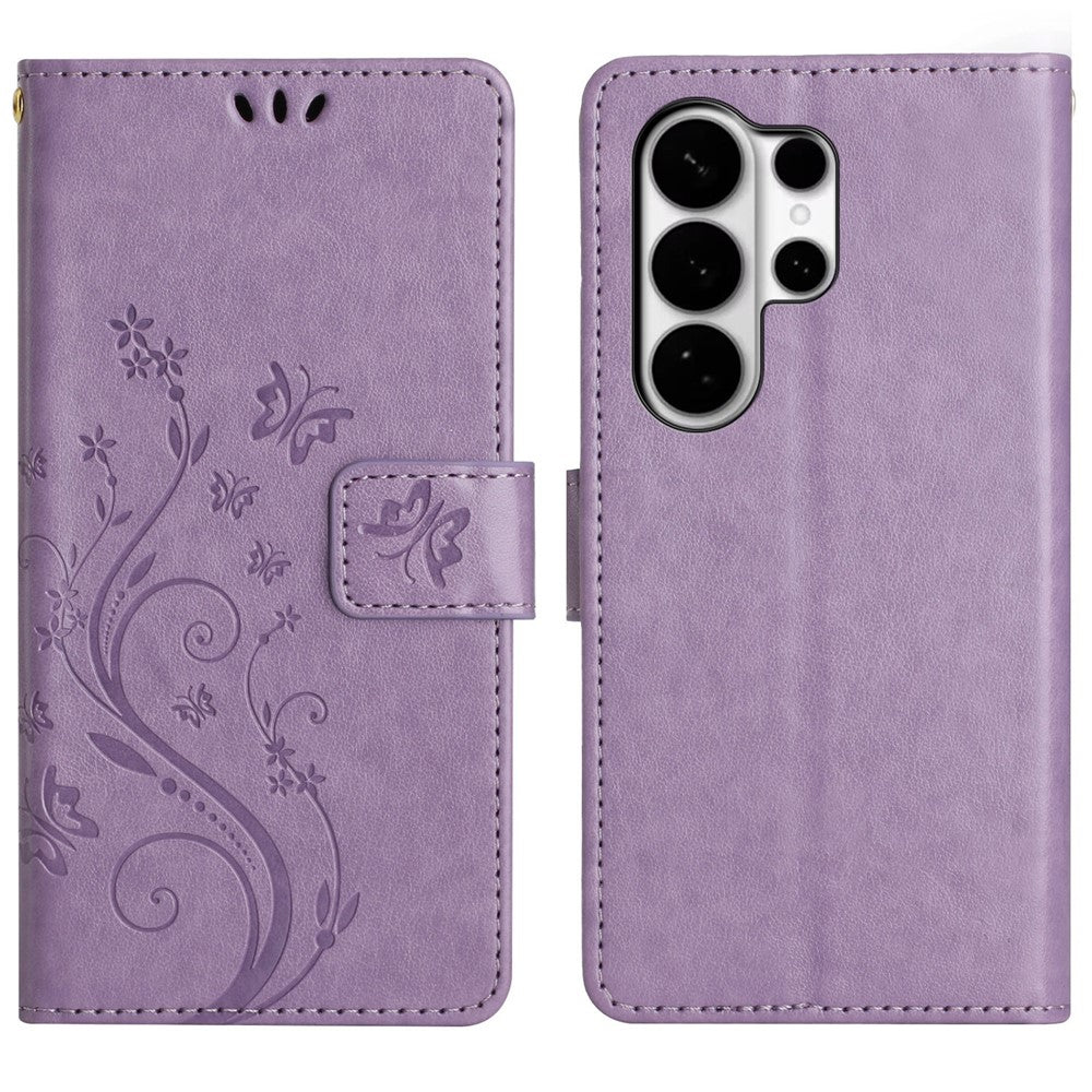 For Samsung Galaxy S26 Ultra Leather Wallet Case Butterfly Flower Imprinted Phone Cover with Strap