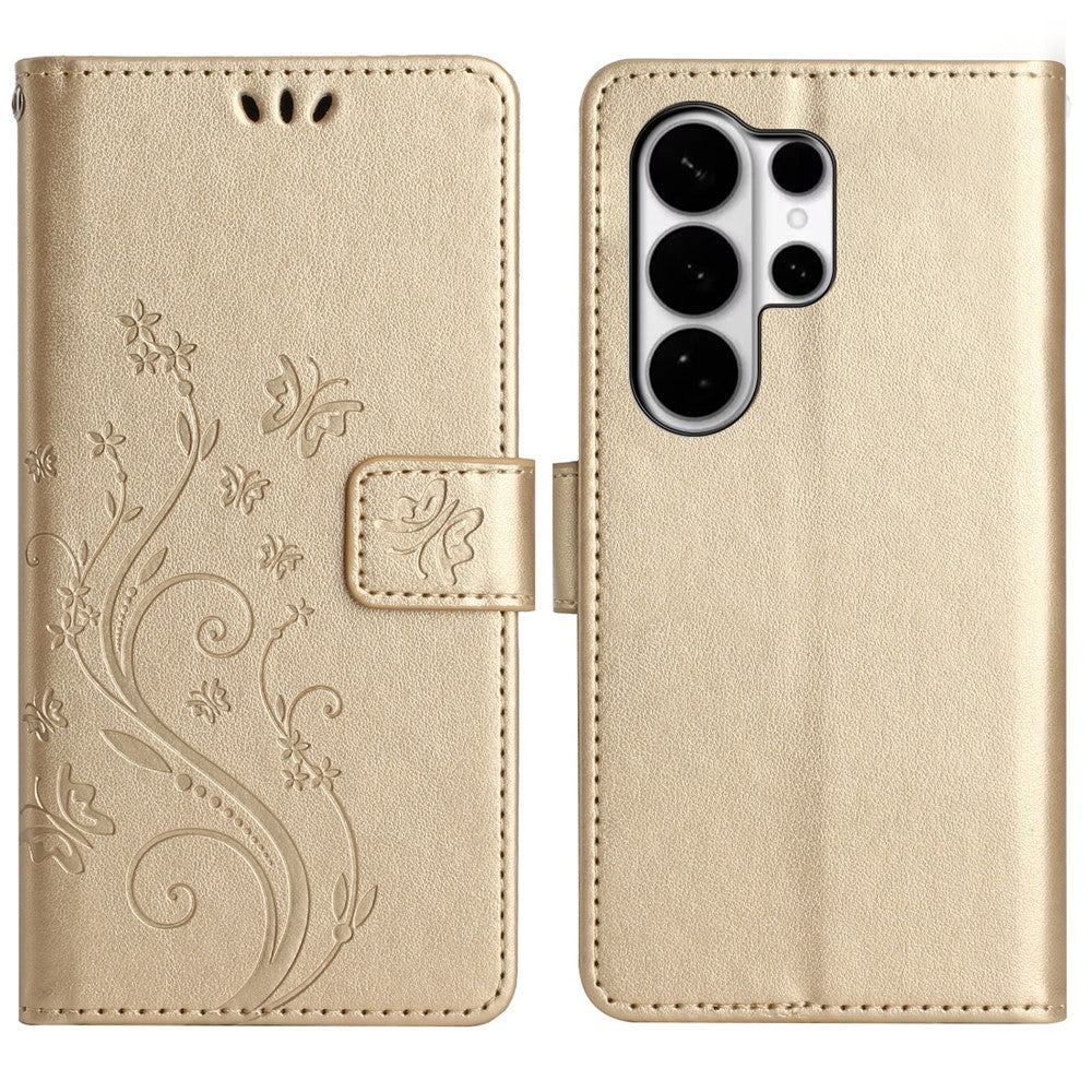 For Samsung Galaxy S26 Ultra Leather Wallet Case Butterfly Flower Imprinted Phone Cover with Strap