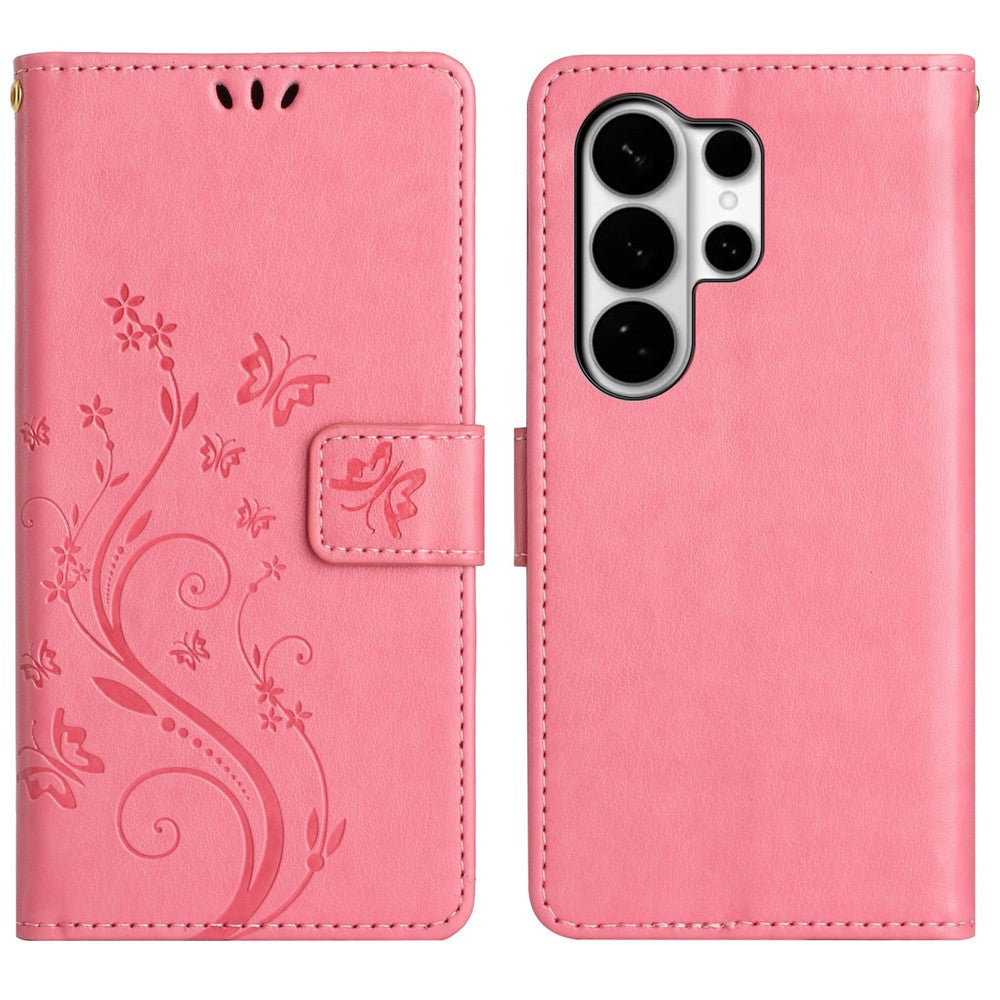 For Samsung Galaxy S26 Ultra Leather Wallet Case Butterfly Flower Imprinted Phone Cover with Strap