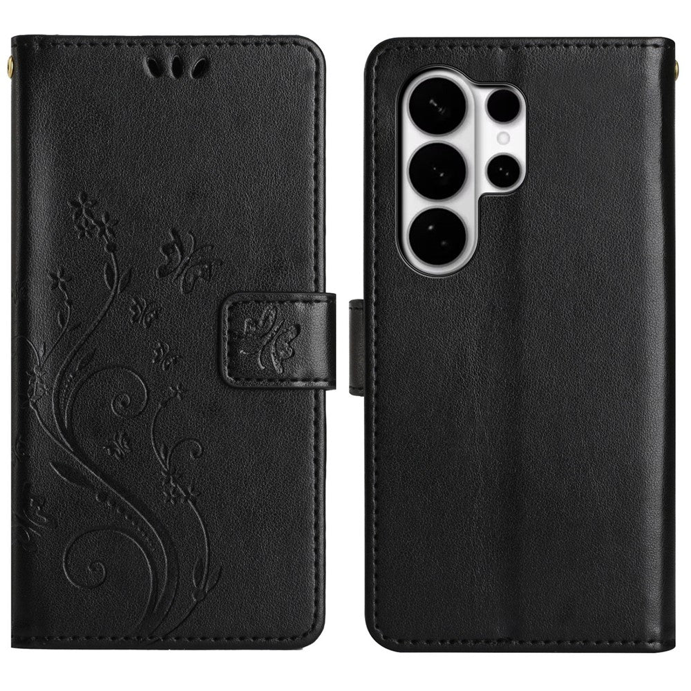 For Samsung Galaxy S26 Ultra Leather Wallet Case Butterfly Flower Imprinted Phone Cover with Strap