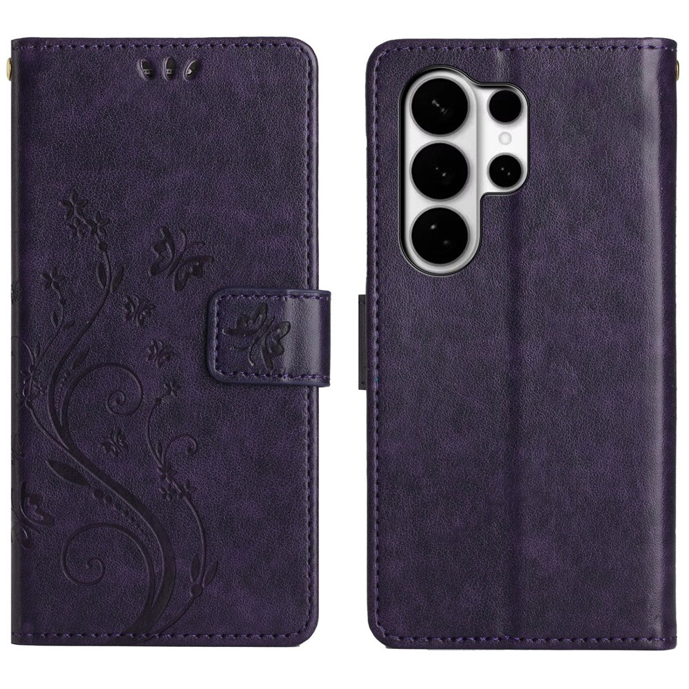 Funda tipo cartera de piel sintética ultra para Samsung Galaxy S26, con estampado de mariposas y flores, incluye correa. 