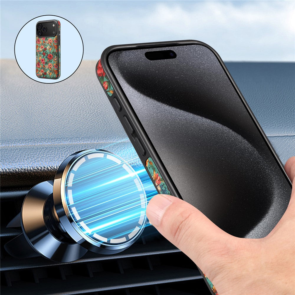 Étui pour iPhone 17 Pro compatible avec MagSafe, coque arrière en cuir PU à motif floral