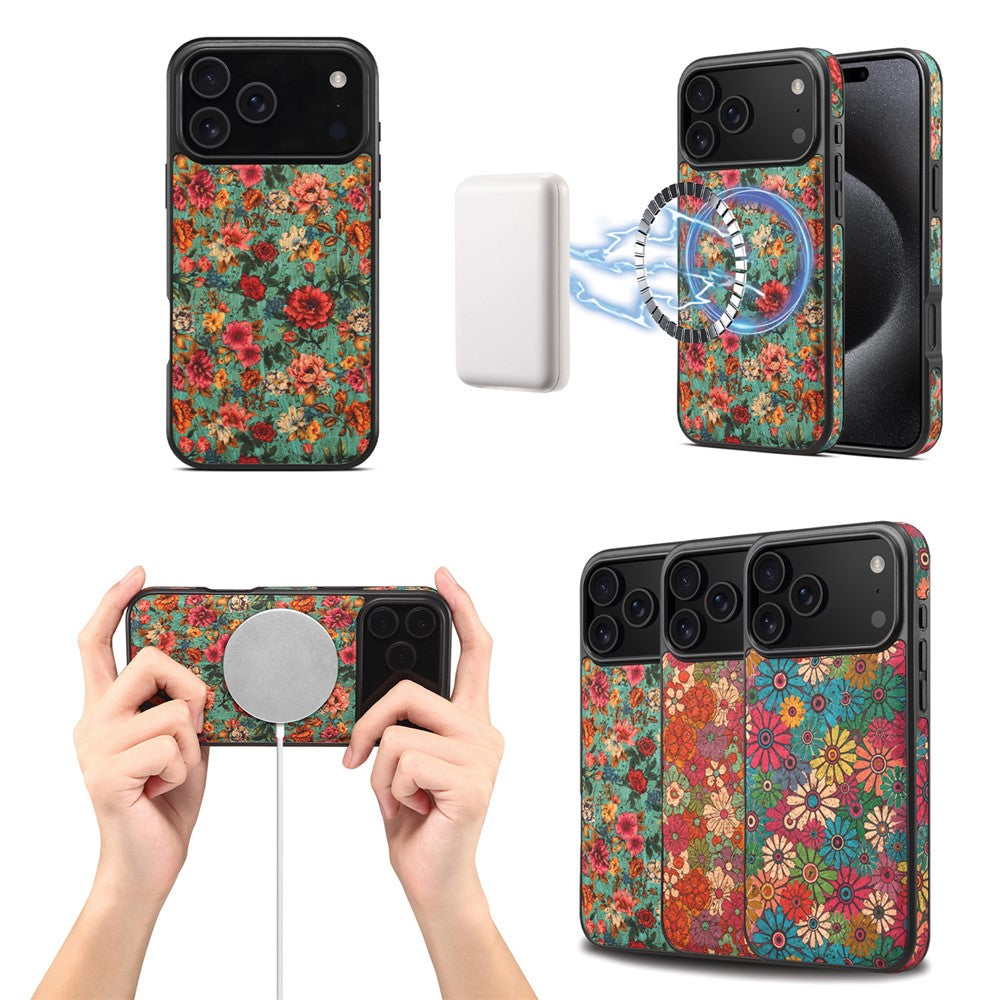 Étui pour iPhone 17 Pro compatible avec MagSafe, coque arrière en cuir PU à motif floral