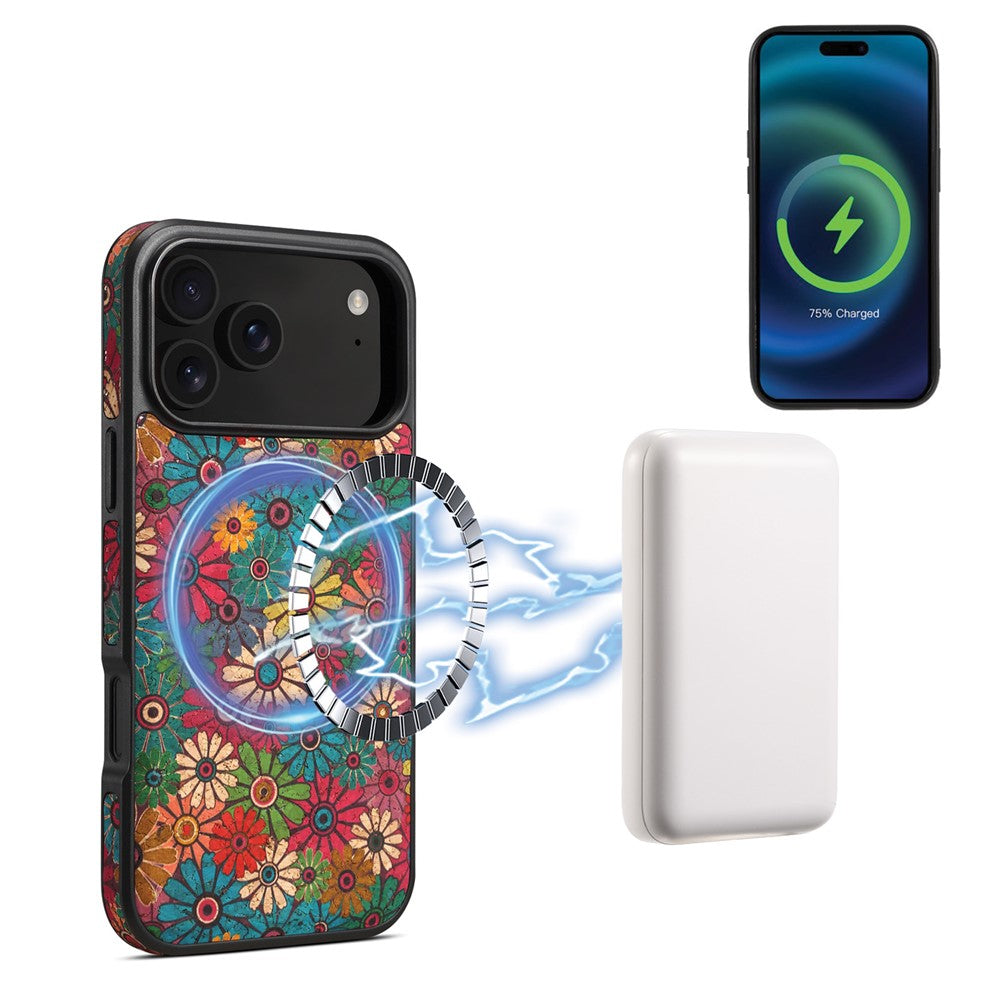 Étui pour iPhone 17 Pro compatible avec MagSafe, coque arrière en cuir PU à motif floral