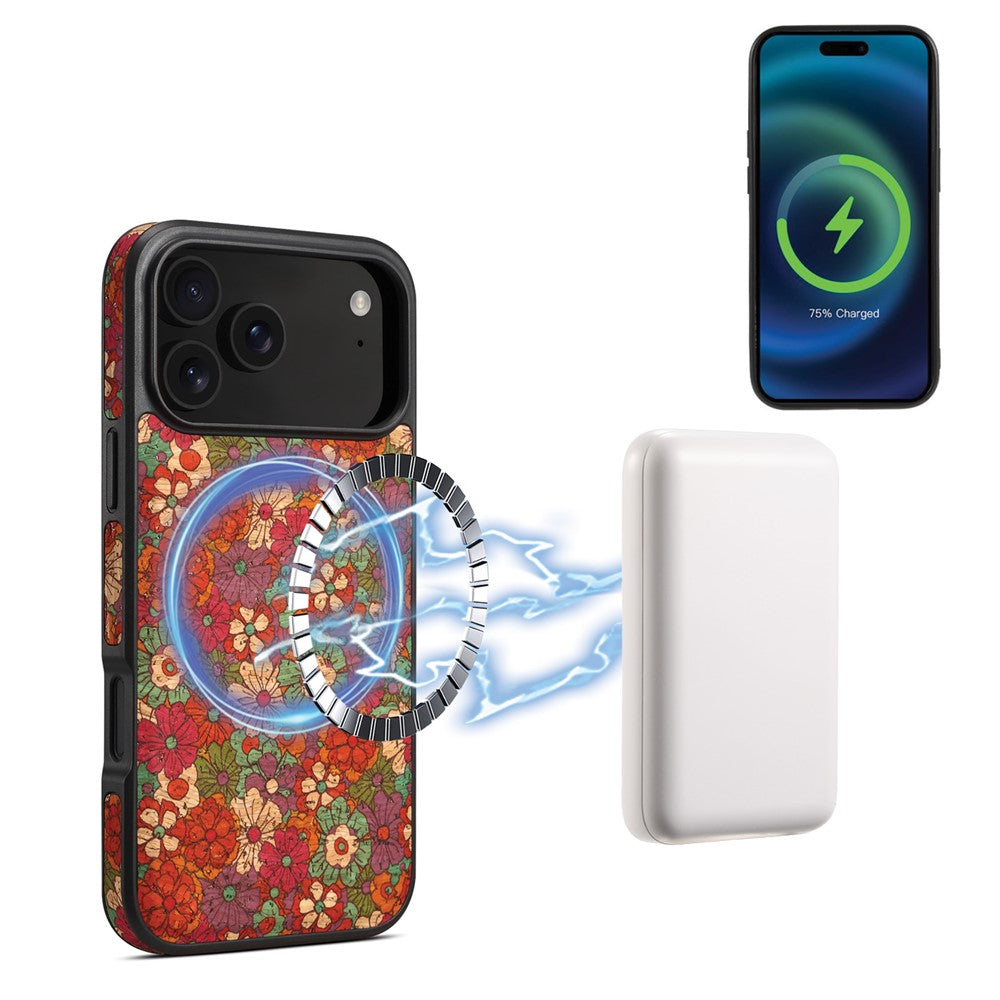 Étui pour iPhone 17 Pro compatible avec MagSafe, coque arrière en cuir PU à motif floral