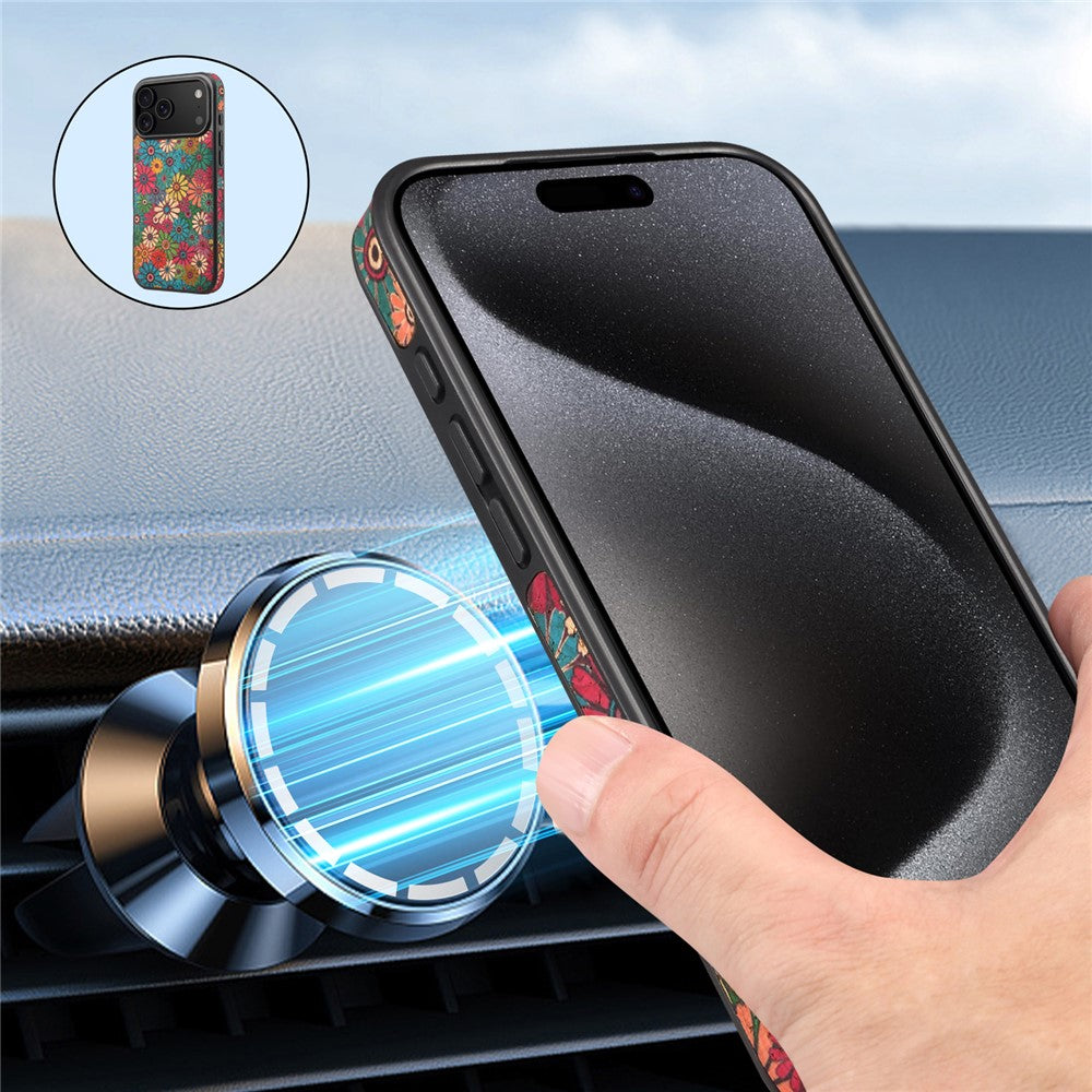 For iPhone 17 Pro Max Case Compatible with MagSafe Floral PU Leather Back Phone Cover