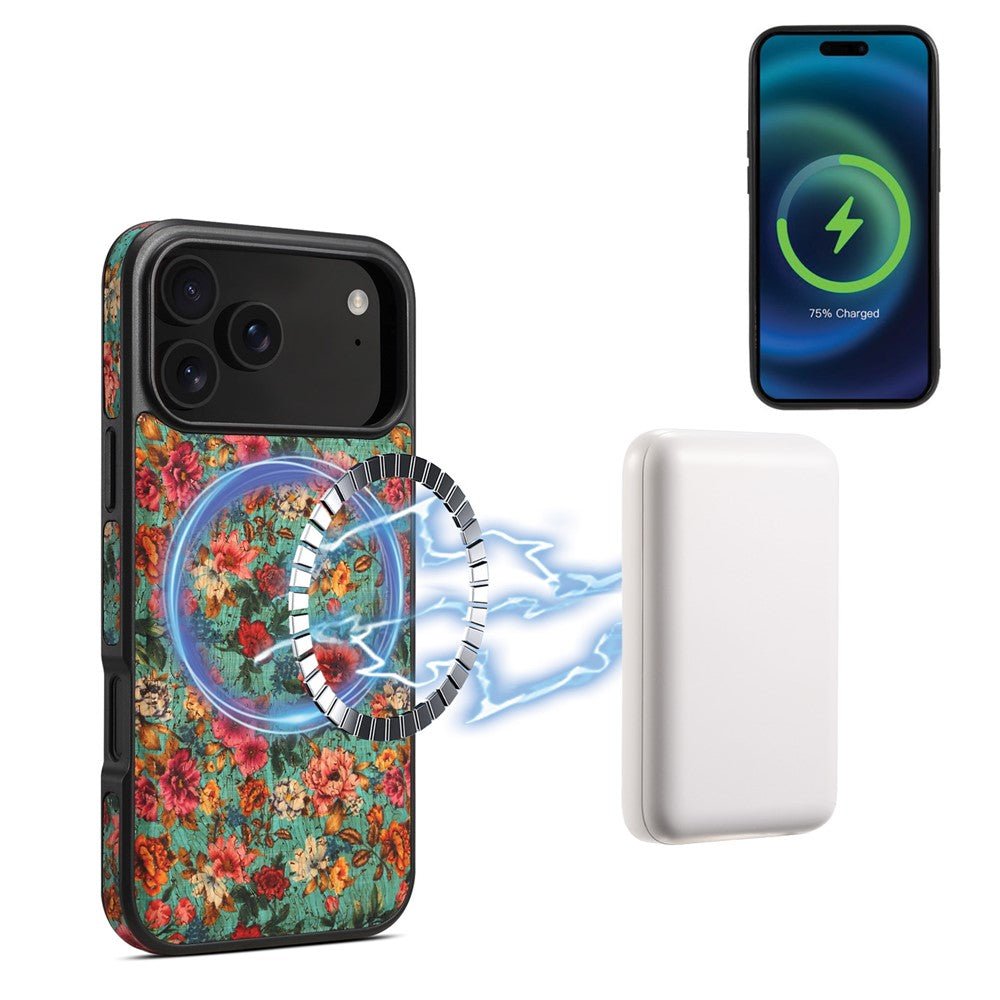 Étui pour iPhone 17 Pro Max compatible avec MagSafe, coque arrière en cuir PU à motif floral