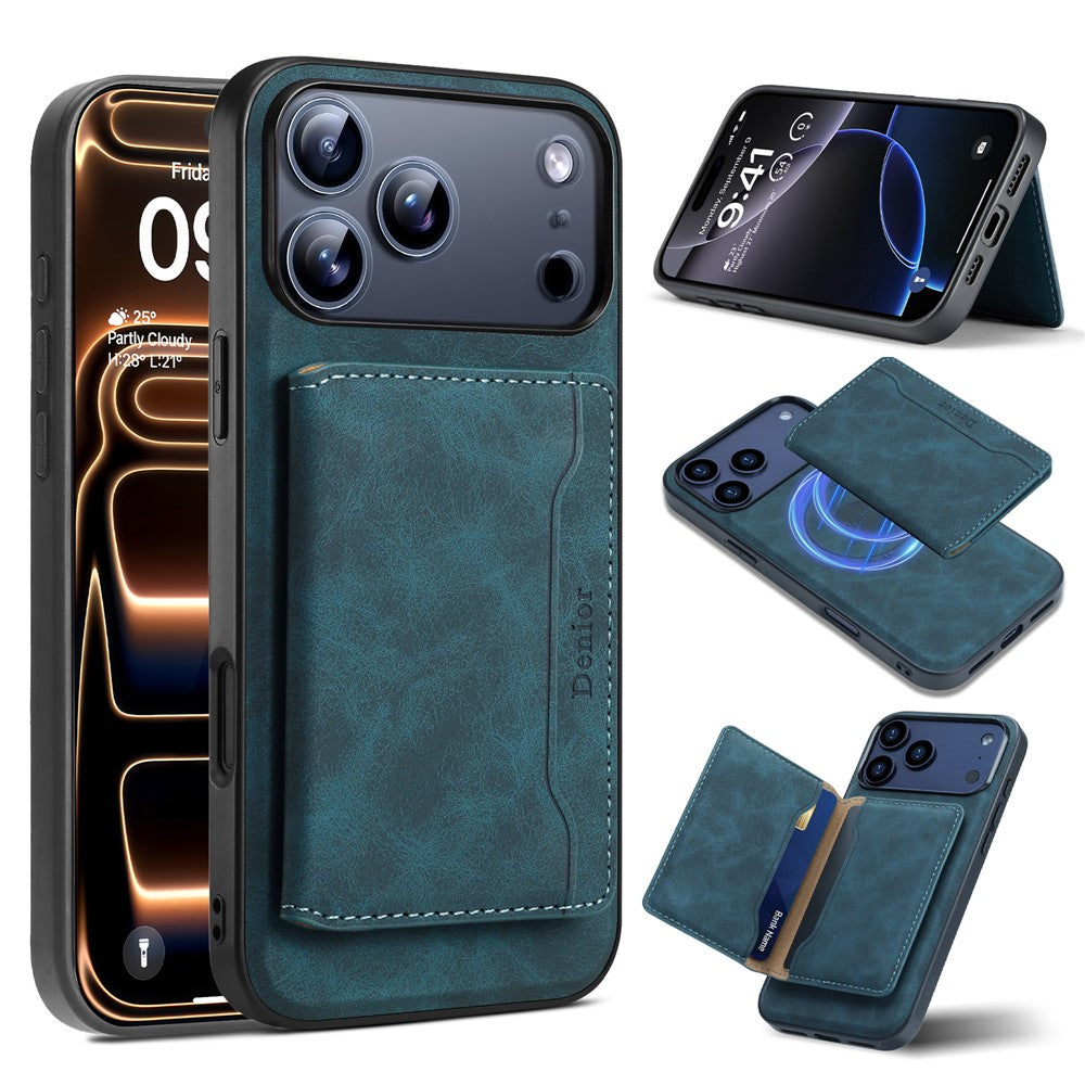 DENIOR D13 For iPhone 17 Pro Magnetic Case Card Holder Leather Coated PC + TPU Phone Cover