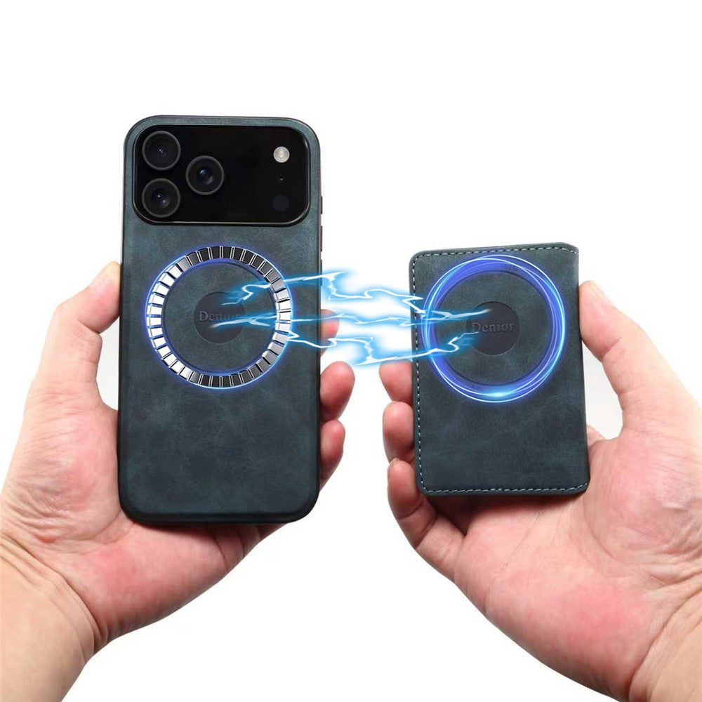 DENIOR D13 For iPhone 17 Pro Magnetic Case Card Holder Leather Coated PC + TPU Phone Cover