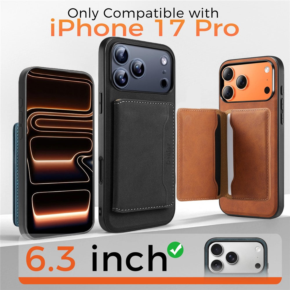 DENIOR D13 For iPhone 17 Pro Magnetic Case Card Holder Leather Coated PC + TPU Phone Cover