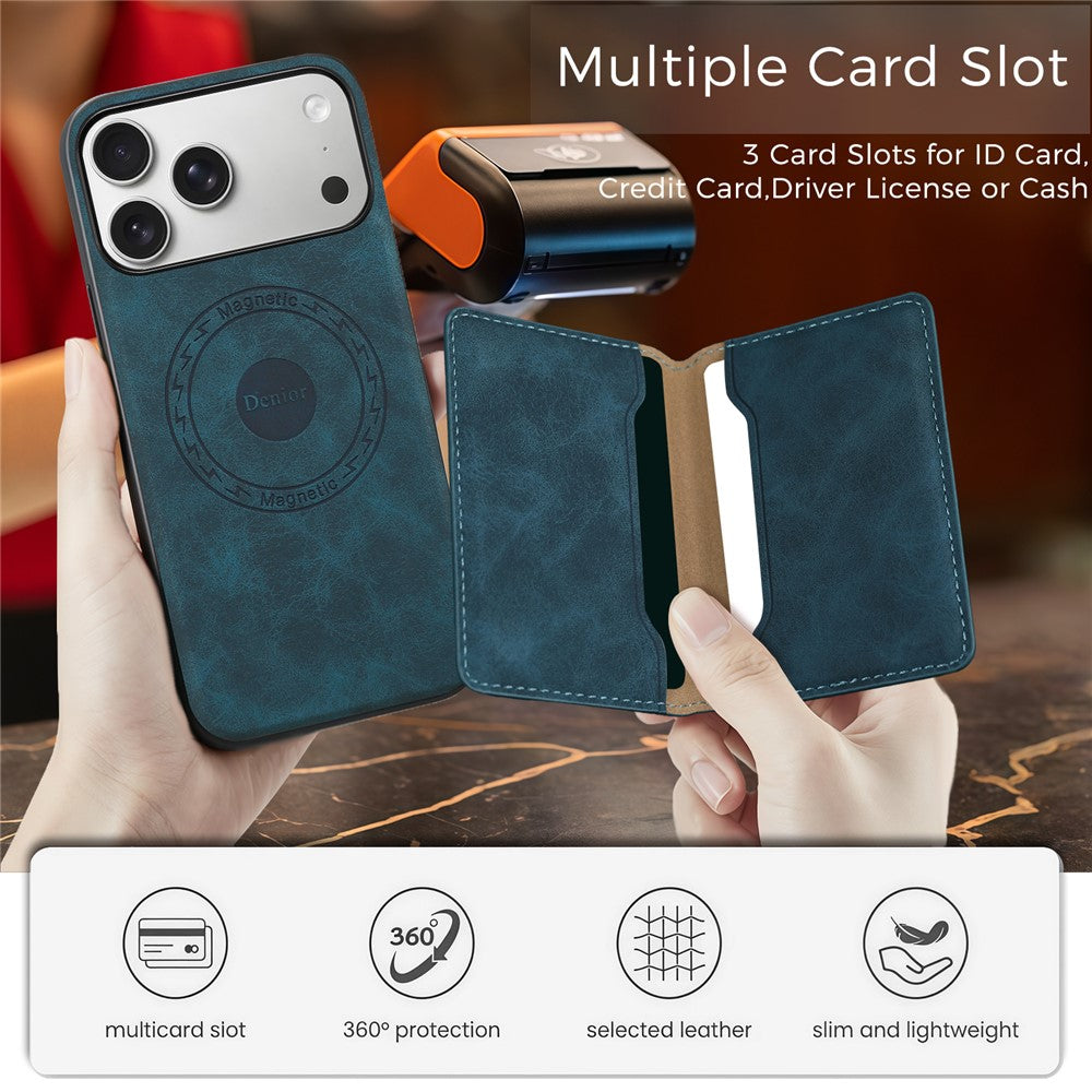 DENIOR D13 For iPhone 17 Pro Max Magnetic Case Card Holder Leather Coated PC + TPU Phone Cover
