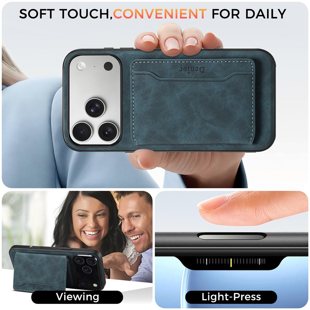 DENIOR D13 For iPhone 17 Pro Max Magnetic Case Card Holder Leather Coated PC + TPU Phone Cover